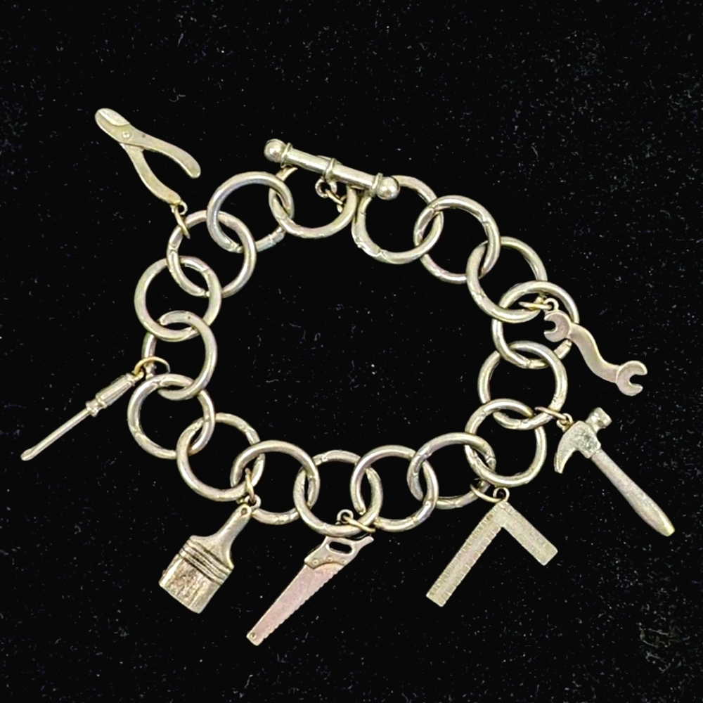 Vintage Pewter Construction Tools Charm Bracelet 8"